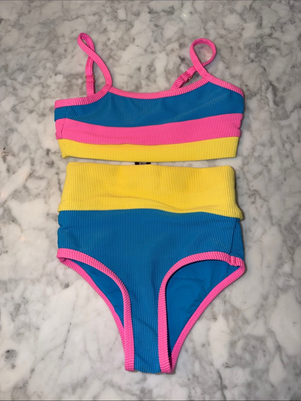 Beach Riot Girls' Colorblock Ribbed Bikini - Blue, Pink & Yellow 3/4Y